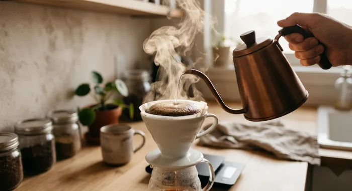 Заваривание кофе в воронке V60 на свету